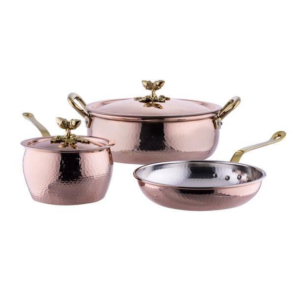 Copper cookware set. Hand-hammered copper with tin lining. Essential 5 piece set with braiser, saucepan, and fry pan