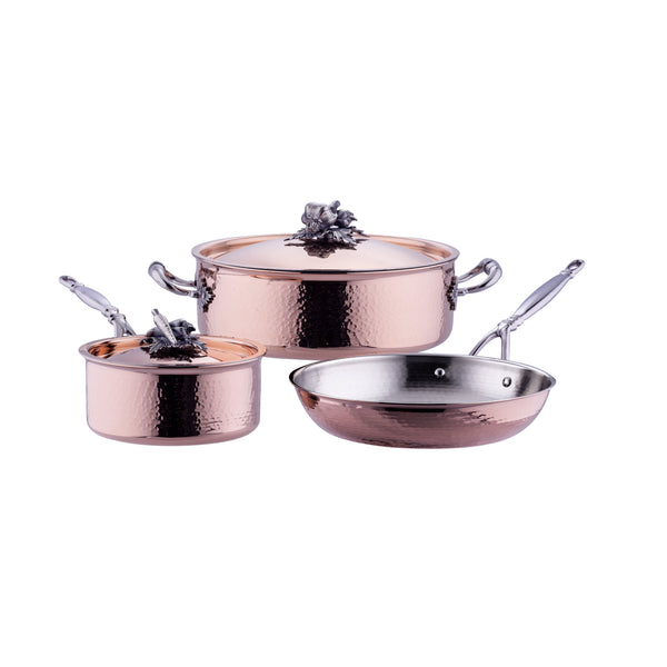 5 Piece cookware set. Hand-hammered copper, lined with stainless steel. From the Opus Cupra collection of Ruffoni Cookware