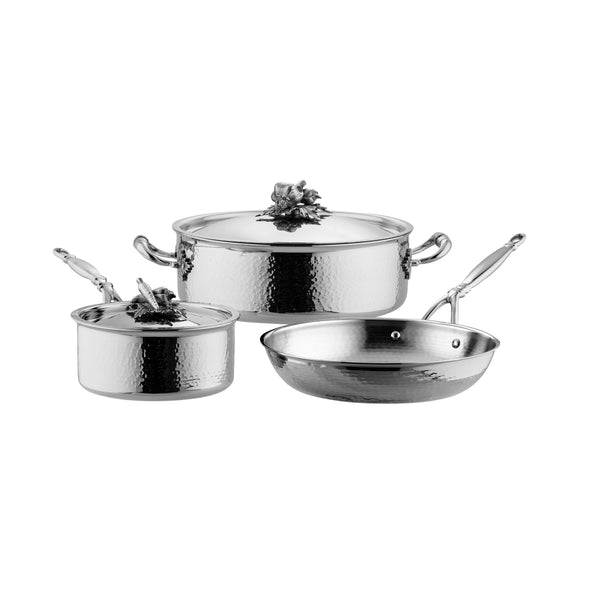 Stainless steel cookware set. Hand hammered, clad stainless steel