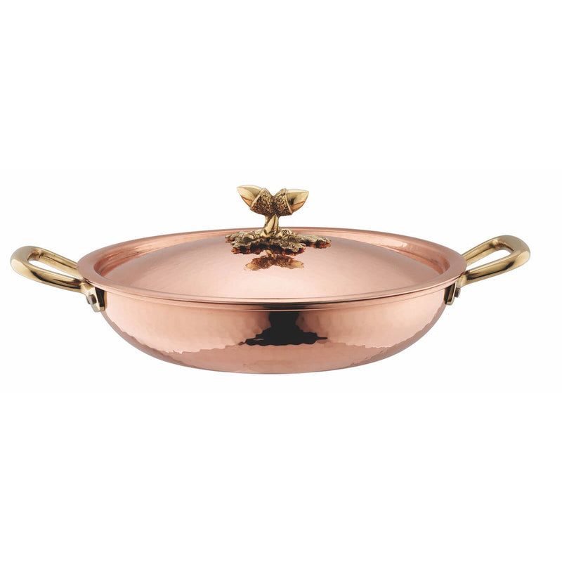 Double handled fry pan made of hand hammered copper and tin lining