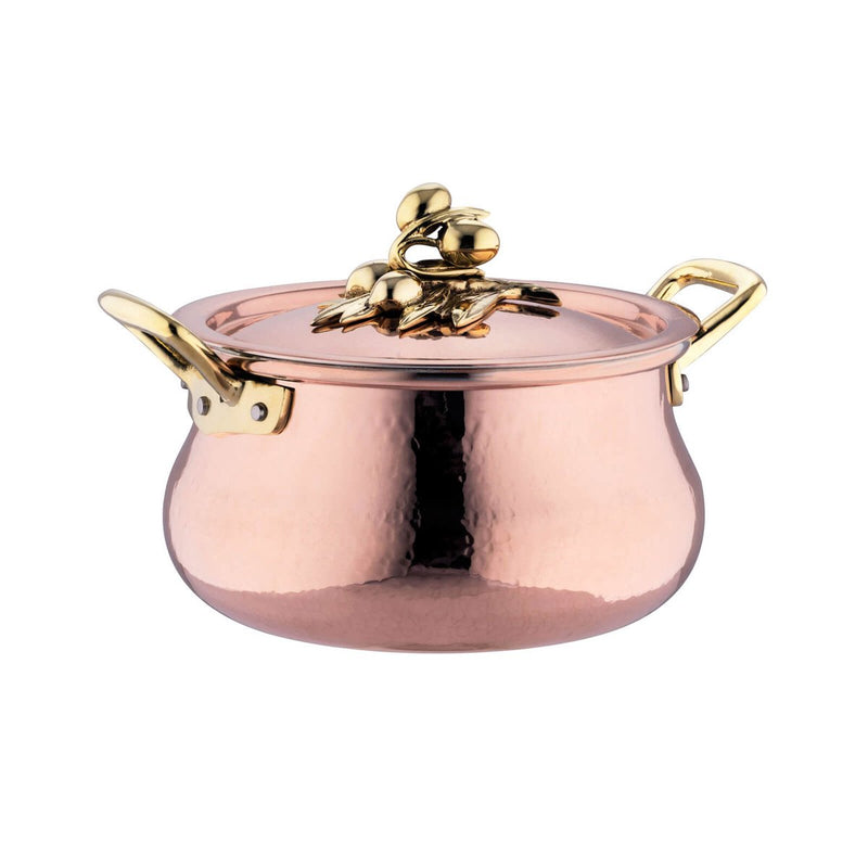 Hand-hammered copper belly pot, adorned with olives on the lid