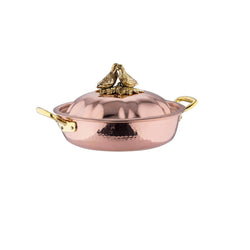 Copper low braiser with domed lid, decorated with lovebirds on top