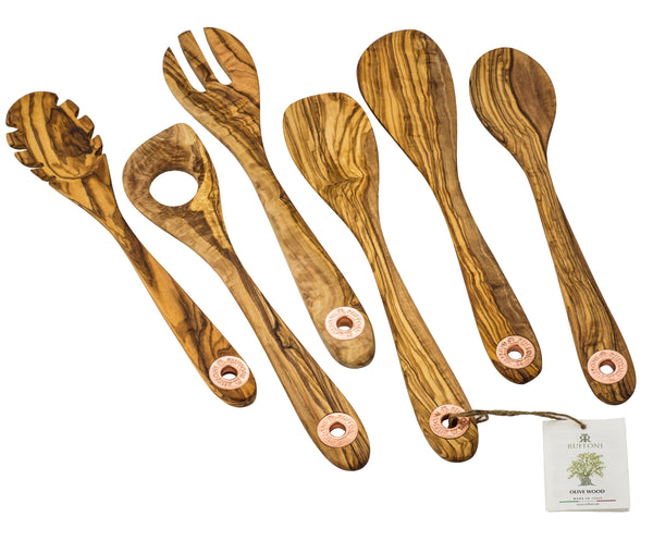 Set of six kitchen tools including spoon, spatula, risotto spoon, and spaghetti spoon, made of olivewood, by Ruffoni