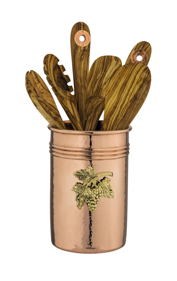 Container for kitchen utensils, made of solid copper, decorated with a bronze plaque depicting grapes, by Ruffoni.