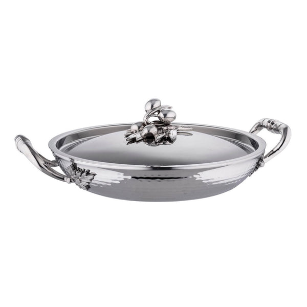 Stainless steel braiser. Shallow and adorned with olives on the lid