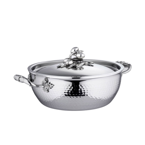 Stainless steel chef pot with two handles. Adorned with olives on the lid