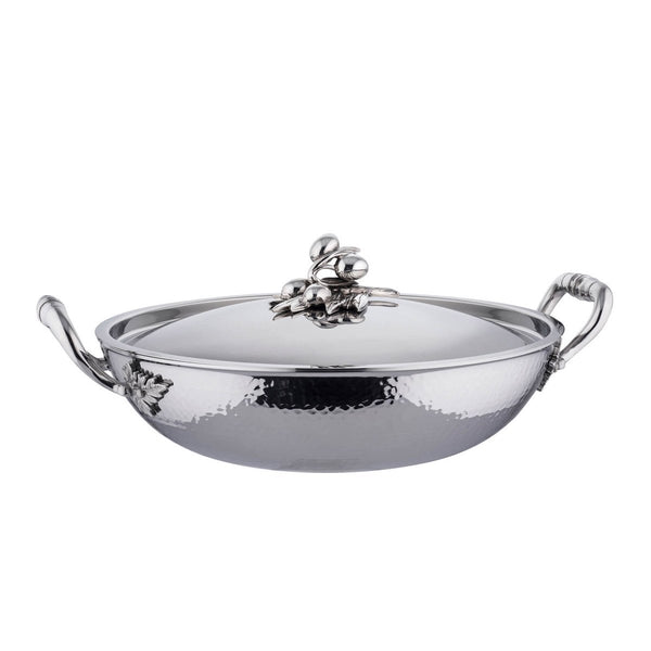 Stainless steel wok. Adorned with olives on the lid.