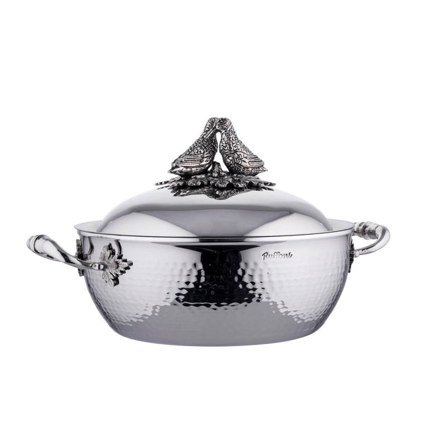 Stainless steel chef pot with domed lid, decorated with two lovebirds on top