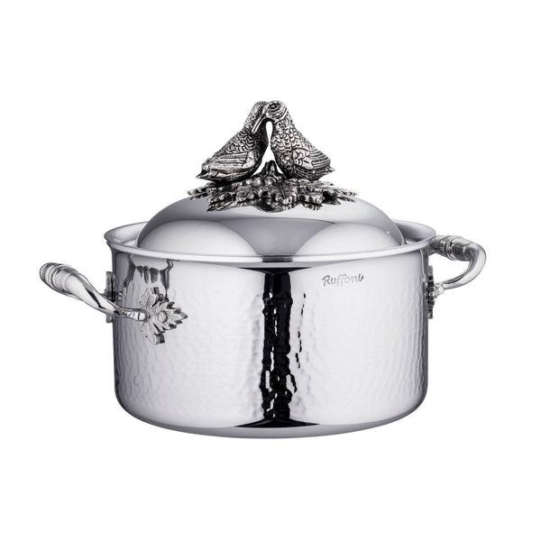 Stainless steel casserole with domed lid, decorated with two lovebirds on top